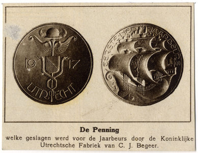300586 Afbeelding van de voor- en achterzijde van de penning die ter gelegenheid van de eerste Jaarbeurs te Utrecht is ...